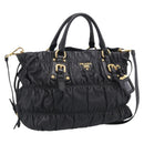 PRADA Gathered Hand Bag Leather 2way Black Gold Auth 210929V-1