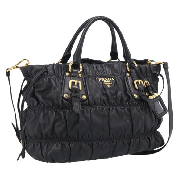 PRADA Gathered Hand Bag Leather 2way Black Gold Auth 210929V