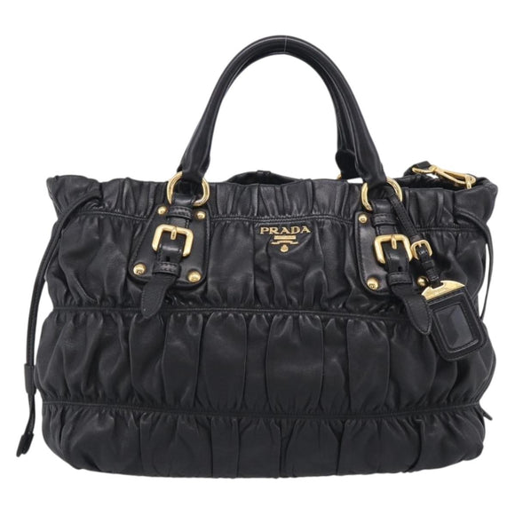 PRADA Gathered Hand Bag Leather 2way Black Gold Auth 210929V