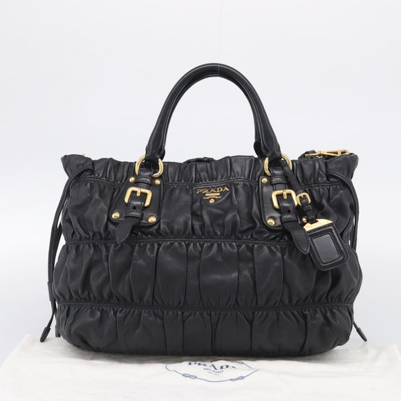 PRADA Gathered Hand Bag Leather 2way Black Gold Auth 210929V