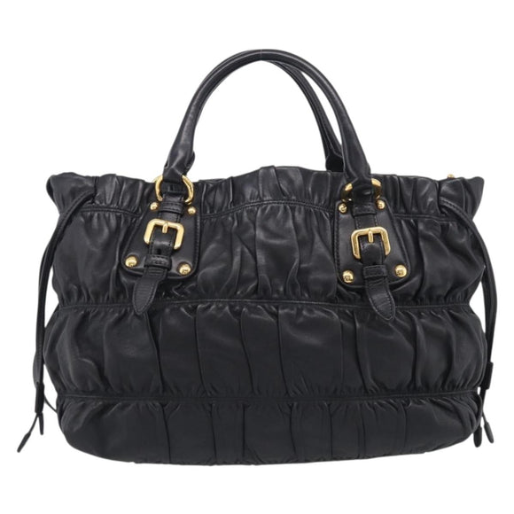 PRADA Gathered Hand Bag Leather 2way Black Gold Auth 210929V