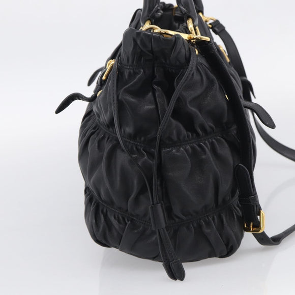 PRADA Gathered Hand Bag Leather 2way Black Gold Auth 210929V