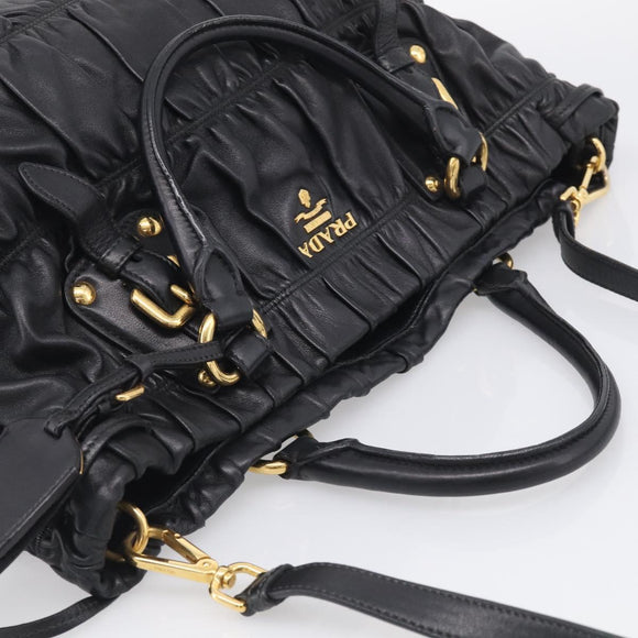 PRADA Gathered Hand Bag Leather 2way Black Gold Auth 210929V