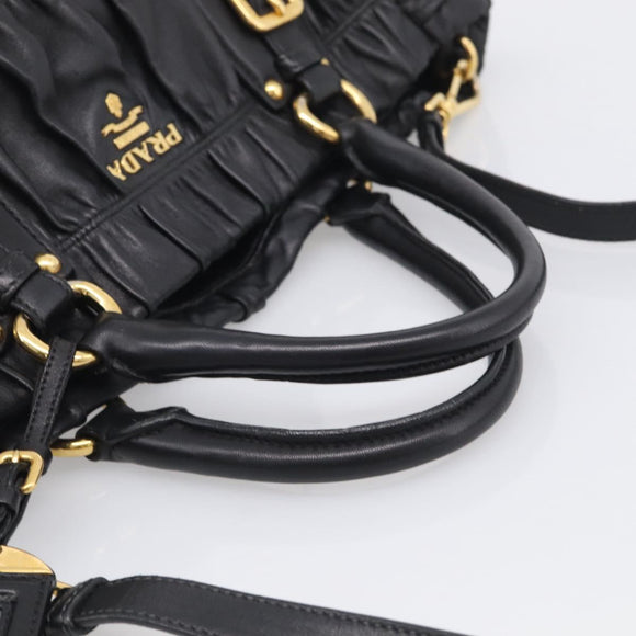 PRADA Gathered Hand Bag Leather 2way Black Gold Auth 210929V