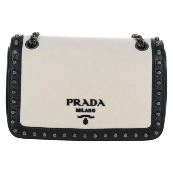 PRADA Chain Shoulder Bag Leather White Black Auth 210933V