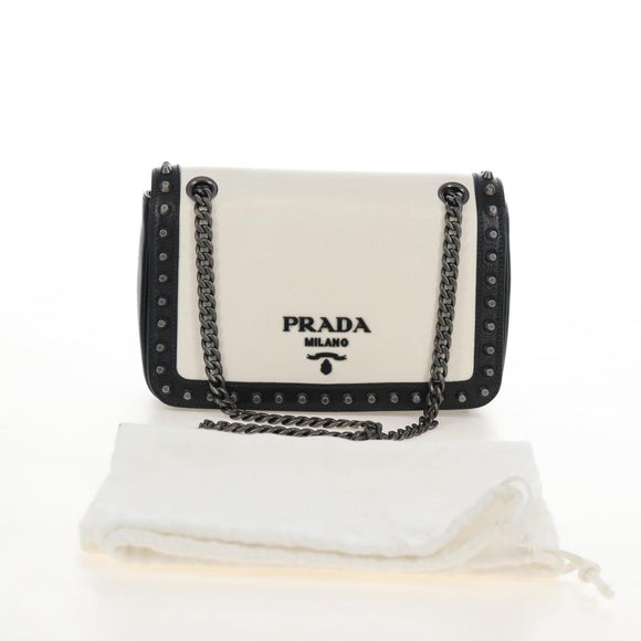 PRADA Chain Shoulder Bag Leather White Black Auth 210933V