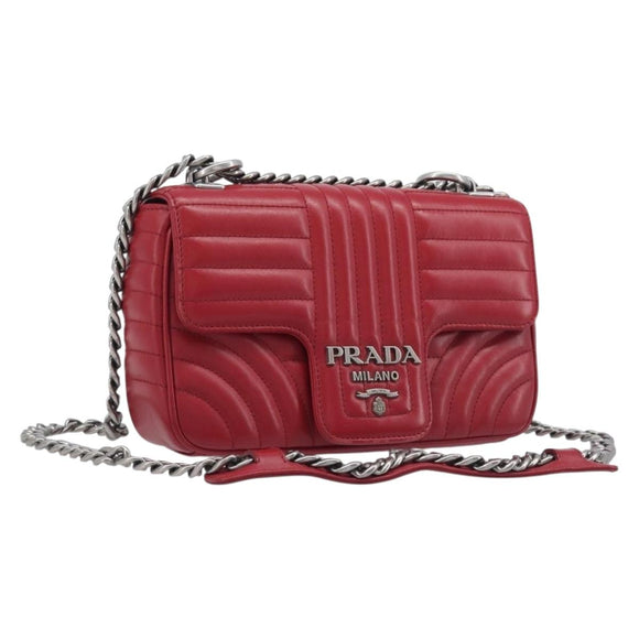 PRADA Chain Shoulder Bag Leather Red Silver Auth 210945V
