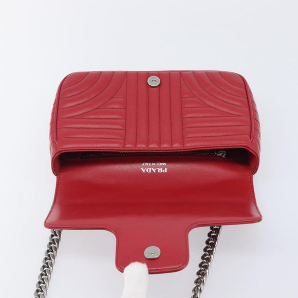 PRADA Chain Shoulder Bag Leather Red Silver Auth 210945V