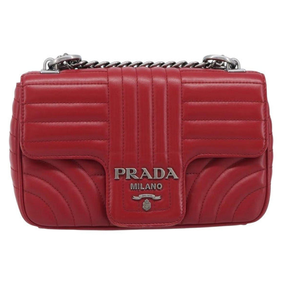 PRADA Chain Shoulder Bag Leather Red Silver Auth 210945V