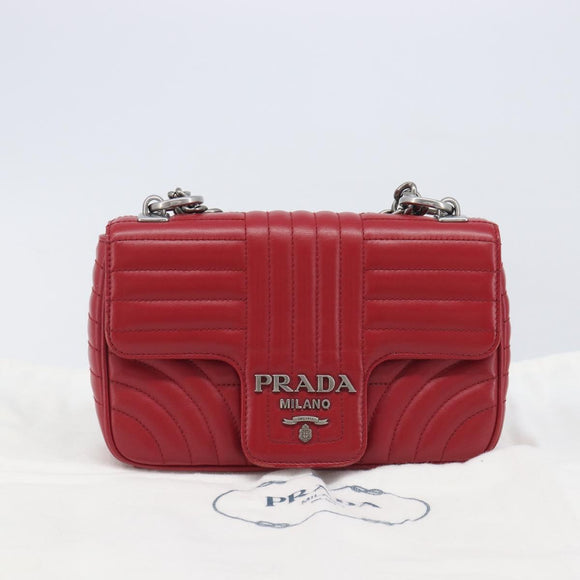 PRADA Chain Shoulder Bag Leather Red Silver Auth 210945V