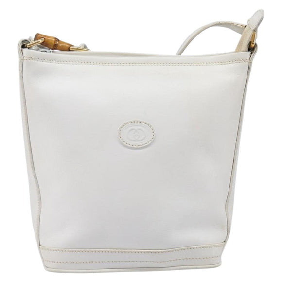 GUCCI Shoulder Bag Leather White Gold Auth 210948A
