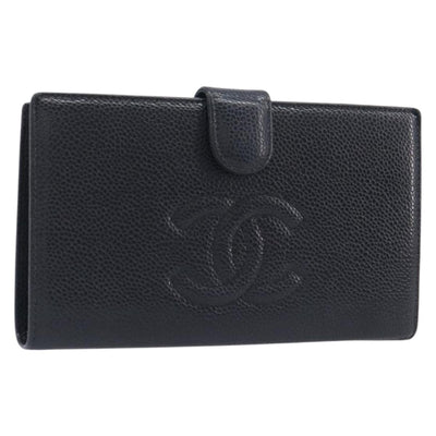 CHANEL Matelasse Long Wallet Caviar Skin Black Gold CC Auth 210958V