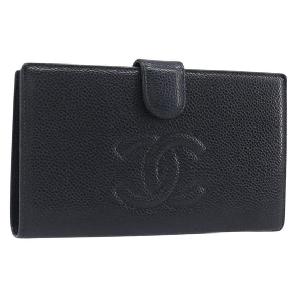 CHANEL Matelasse Long Wallet Caviar Skin Black Gold CC Auth 210958V