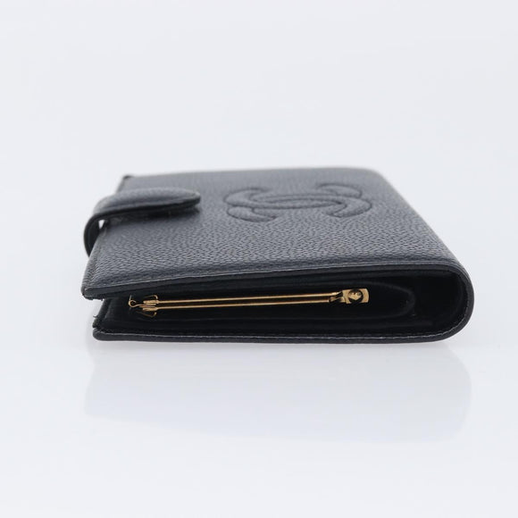 CHANEL Matelasse Long Wallet Caviar Skin Black Gold CC Auth 210958V