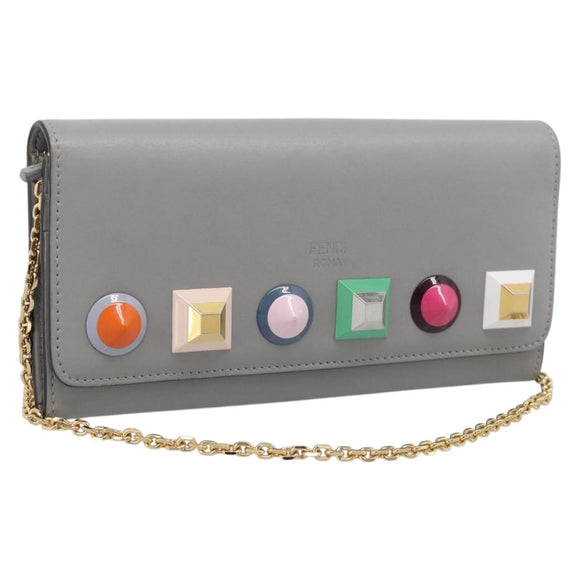 FENDI Chain Wallet Shoulder Bag Leather Gray Gold 8M0365 Auth 210972A