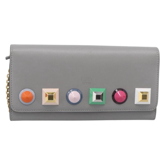 FENDI Chain Wallet Shoulder Bag Leather Gray Gold 8M0365 Auth 210972A