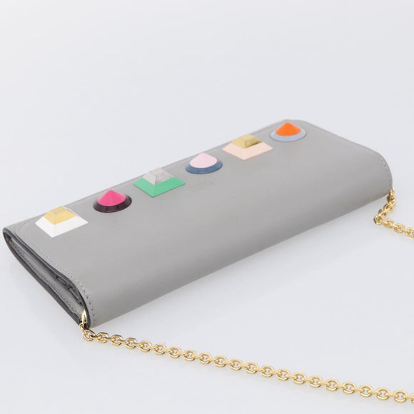 FENDI Chain Wallet Shoulder Bag Leather Gray Gold 8M0365 Auth 210972A