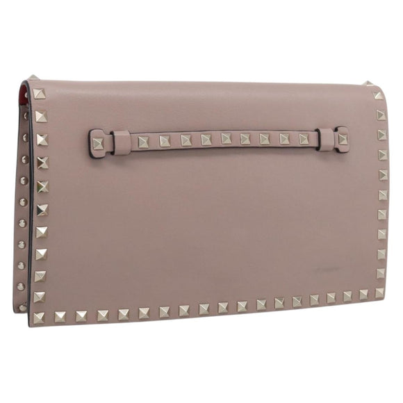Valentino Rock Studs Clutch Bag Leather Greige Gold Tone Auth 210986