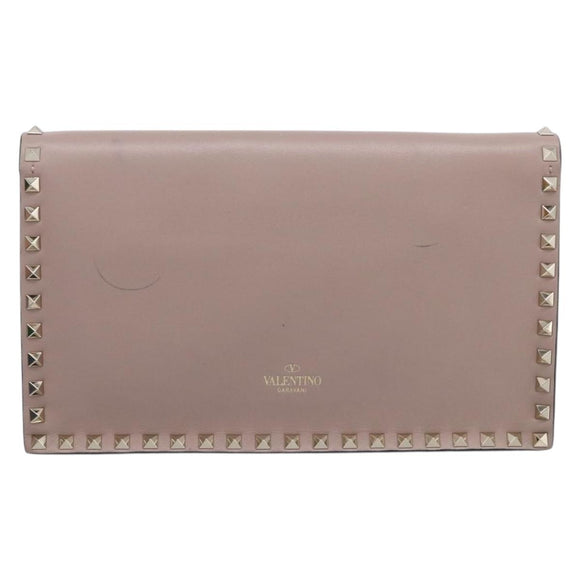 Valentino Rock Studs Clutch Bag Leather Greige Gold Tone Auth 210986