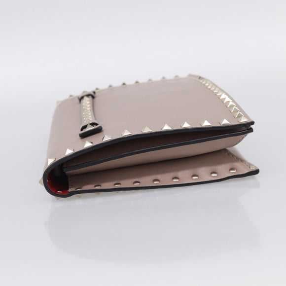 Valentino Rock Studs Clutch Bag Leather Greige Gold Tone Auth 210986