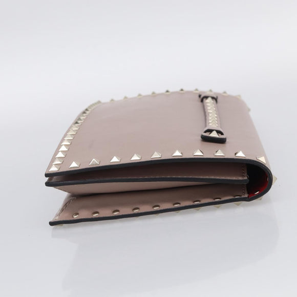 Valentino Rock Studs Clutch Bag Leather Greige Gold Tone Auth 210986