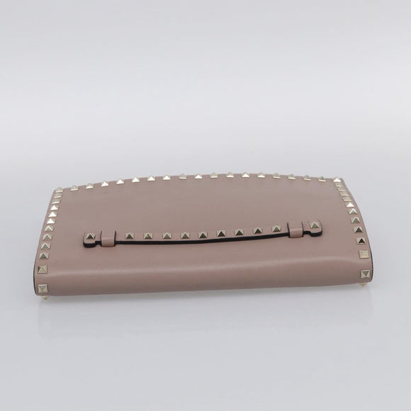 Valentino Rock Studs Clutch Bag Leather Greige Gold Tone Auth 210986