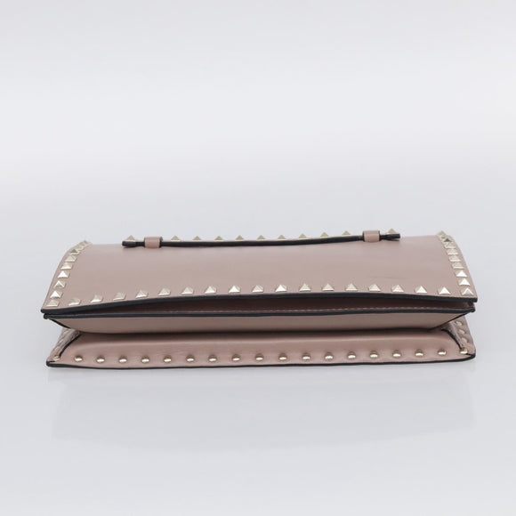 Valentino Rock Studs Clutch Bag Leather Greige Gold Tone Auth 210986
