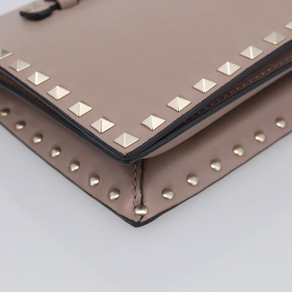 Valentino Rock Studs Clutch Bag Leather Greige Gold Tone Auth 210986