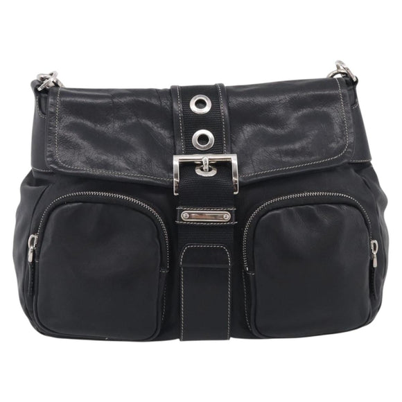 PRADA Shoulder Bag Leather Black Silver Auth 210992V