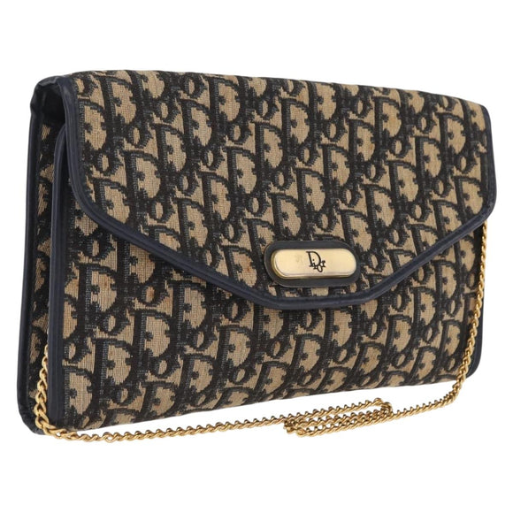 Christian Dior Trotter Canvas Chain Shoulder Bag Navy Gold Tone Auth 211003