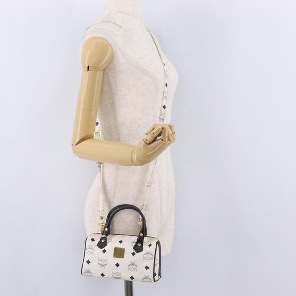 MCM Vicetos Mini Boston Bag PVC Leather 2way White Gold Tone Auth 211022