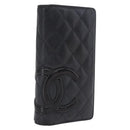 CHANEL Matelasse Cambon Line Long Wallet Lamb Skin Black Silver CC Auth 211024-1