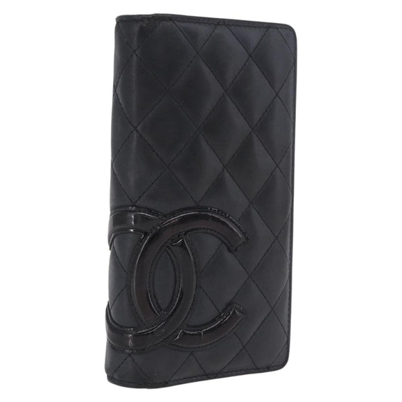CHANEL Matelasse Cambon Line Long Wallet Lamb Skin Black Silver CC Auth 211024