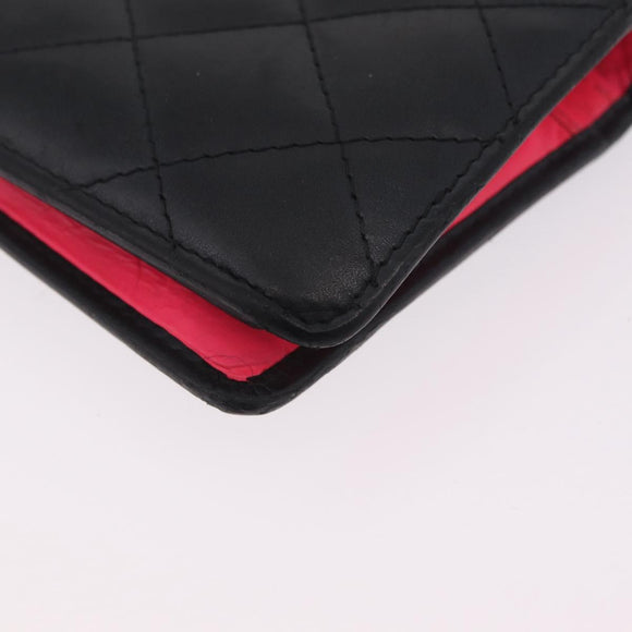 CHANEL Matelasse Cambon Line Long Wallet Lamb Skin Black Silver CC Auth 211024