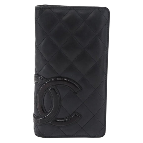 CHANEL Matelasse Cambon Line Long Wallet Lamb Skin Black Silver CC Auth 211024