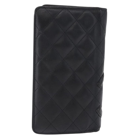 CHANEL Matelasse Cambon Line Long Wallet Lamb Skin Black Silver CC Auth 211024