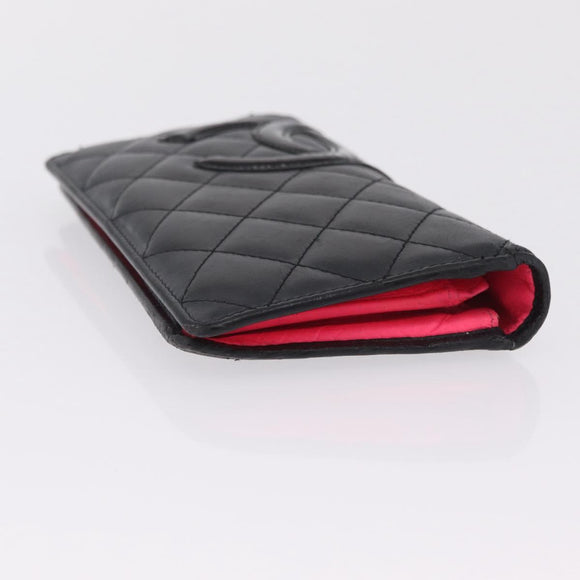CHANEL Matelasse Cambon Line Long Wallet Lamb Skin Black Silver CC Auth 211024