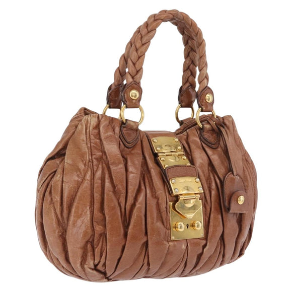 Miu Miu Vitellolux Matelasse Hand Bag Leather 2way Brown Gold Tone Auth 211028V