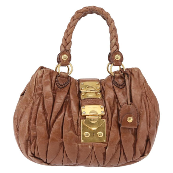 Miu Miu Vitellolux Matelasse Hand Bag Leather 2way Brown Gold Tone Auth 211028V