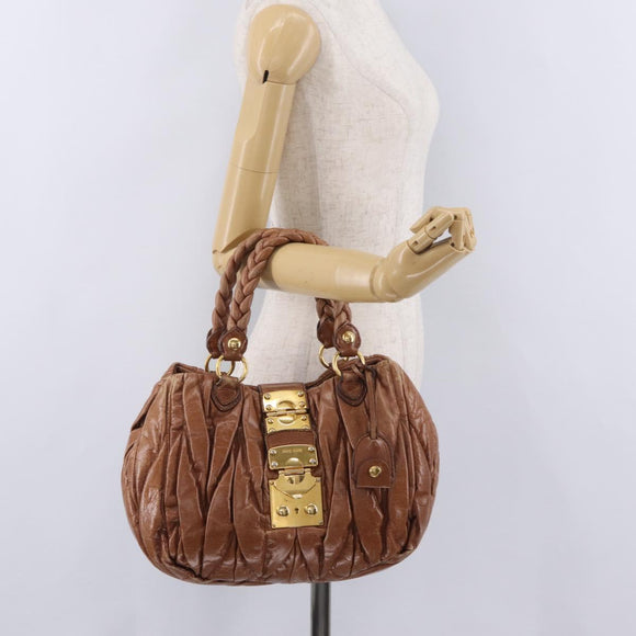 Miu Miu Vitellolux Matelasse Hand Bag Leather 2way Brown Gold Tone Auth 211028V