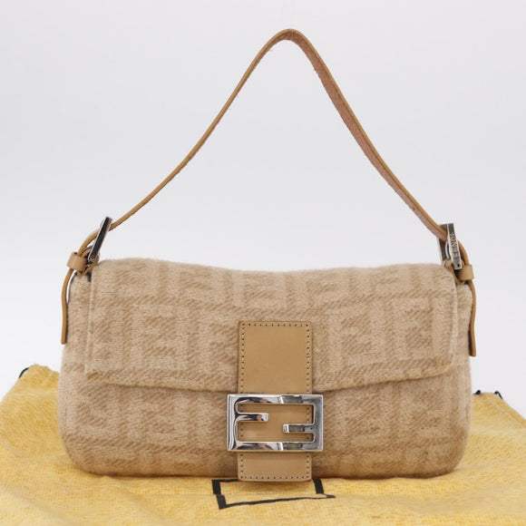 FENDI Zucca Canvas Mamma Baguette Shoulder Bag Wool Beige Silver Auth 211029V