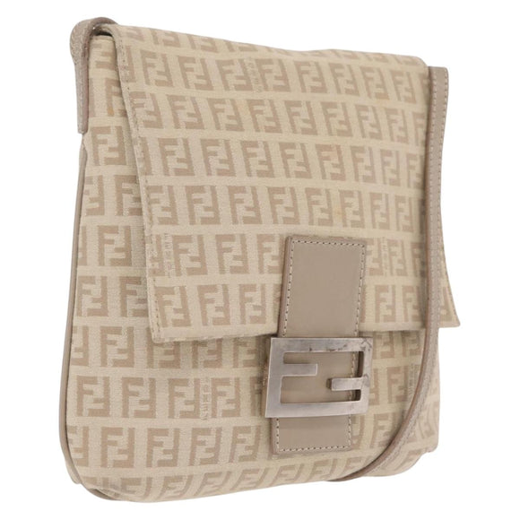 FENDI Zucchino Canvas Shoulder Bag Beige Silver 8BT075 Auth 211031