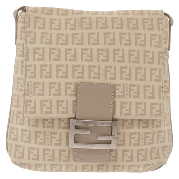 FENDI Zucchino Canvas Shoulder Bag Beige Silver 8BT075 Auth 211031