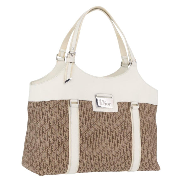 Christian Dior Trotter Canvas Tote Bag Beige Silver Auth 211034V