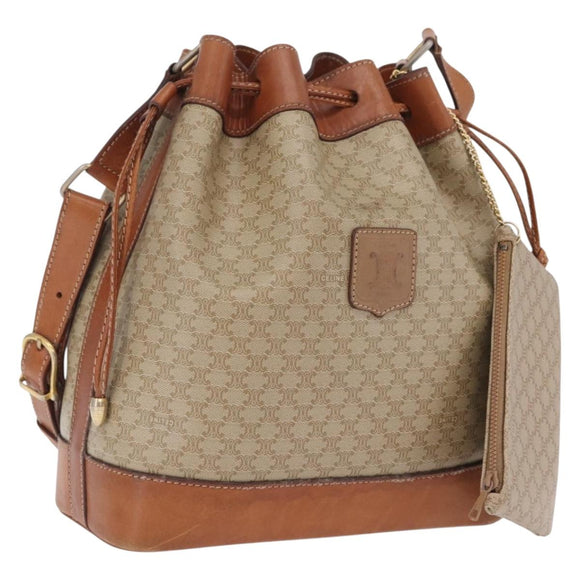CELINE Macadam Shoulder Bag PVC Beige Gold Tone Auth 211036