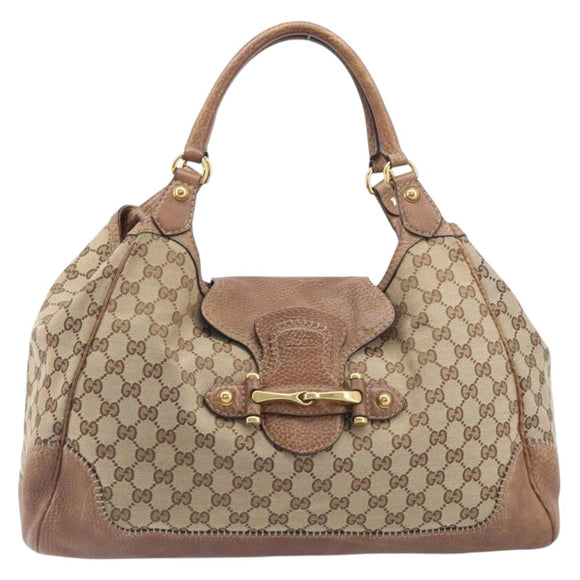 GUCCI GG Canvas Horsebit Hand Bag Beige Gold Tone 223958 Auth 211056V