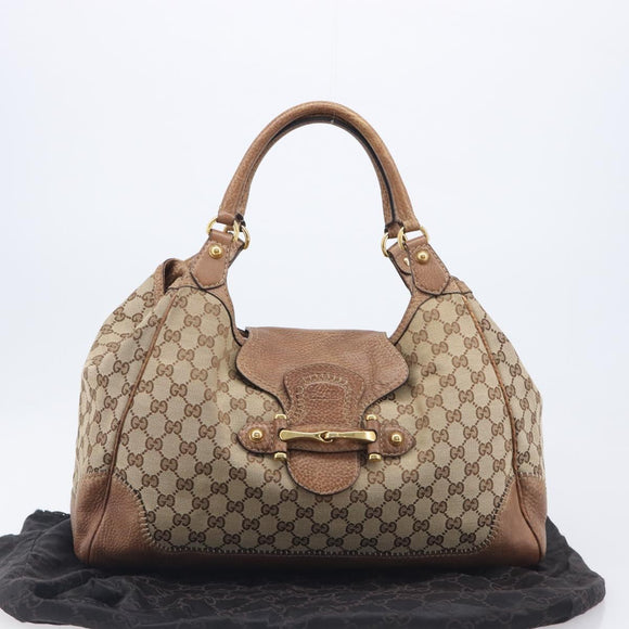 GUCCI GG Canvas Horsebit Hand Bag Beige Gold Tone 223958 Auth 211056V
