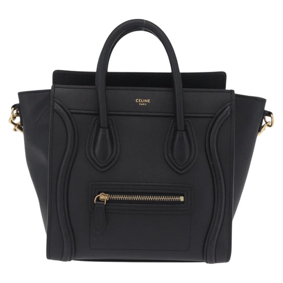CELINE Luggage Nano Shopper Hand Bag Leather 2way Black Gold Tone Auth 211063M