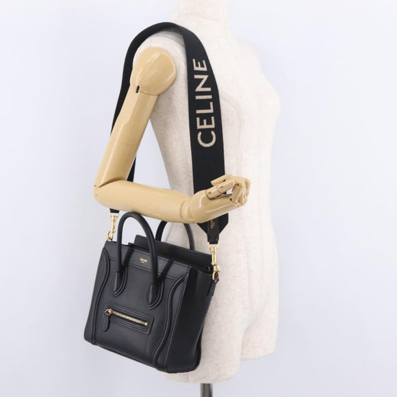 CELINE Luggage Nano Shopper Hand Bag Leather 2way Black Gold Tone Auth 211063M