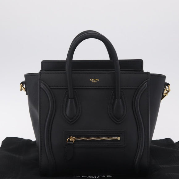 CELINE Luggage Nano Shopper Hand Bag Leather 2way Black Gold Tone Auth 211063M